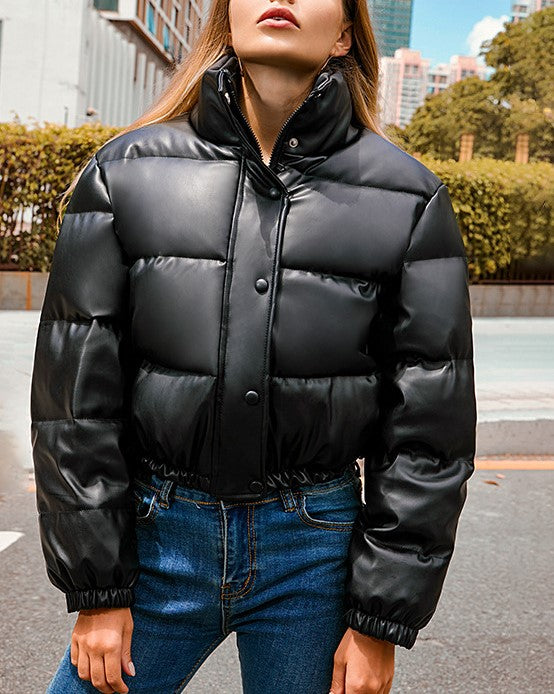 Cropped Faux Leather Puffer Jacket - Black - 3