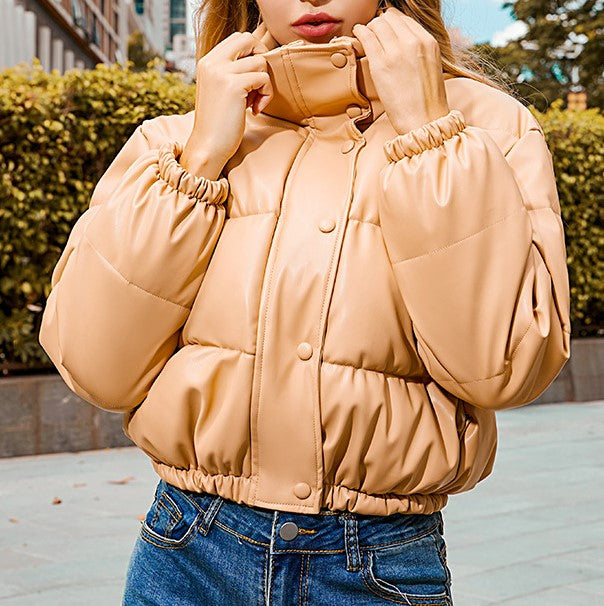 Cropped Faux Leather Puffer Jacket - Khaki