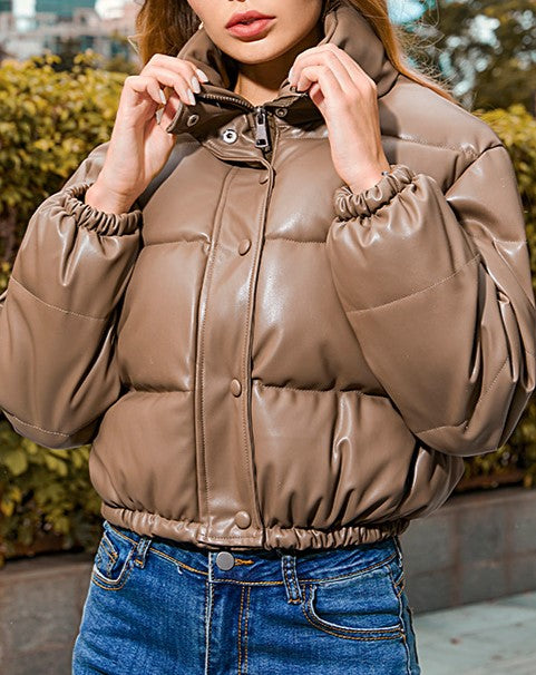 Cropped Faux Leather Puffer Jacket