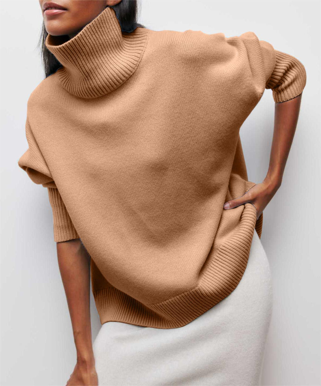Oversized Turtleneck Drop Shoulder Slit Sweater - Camel
