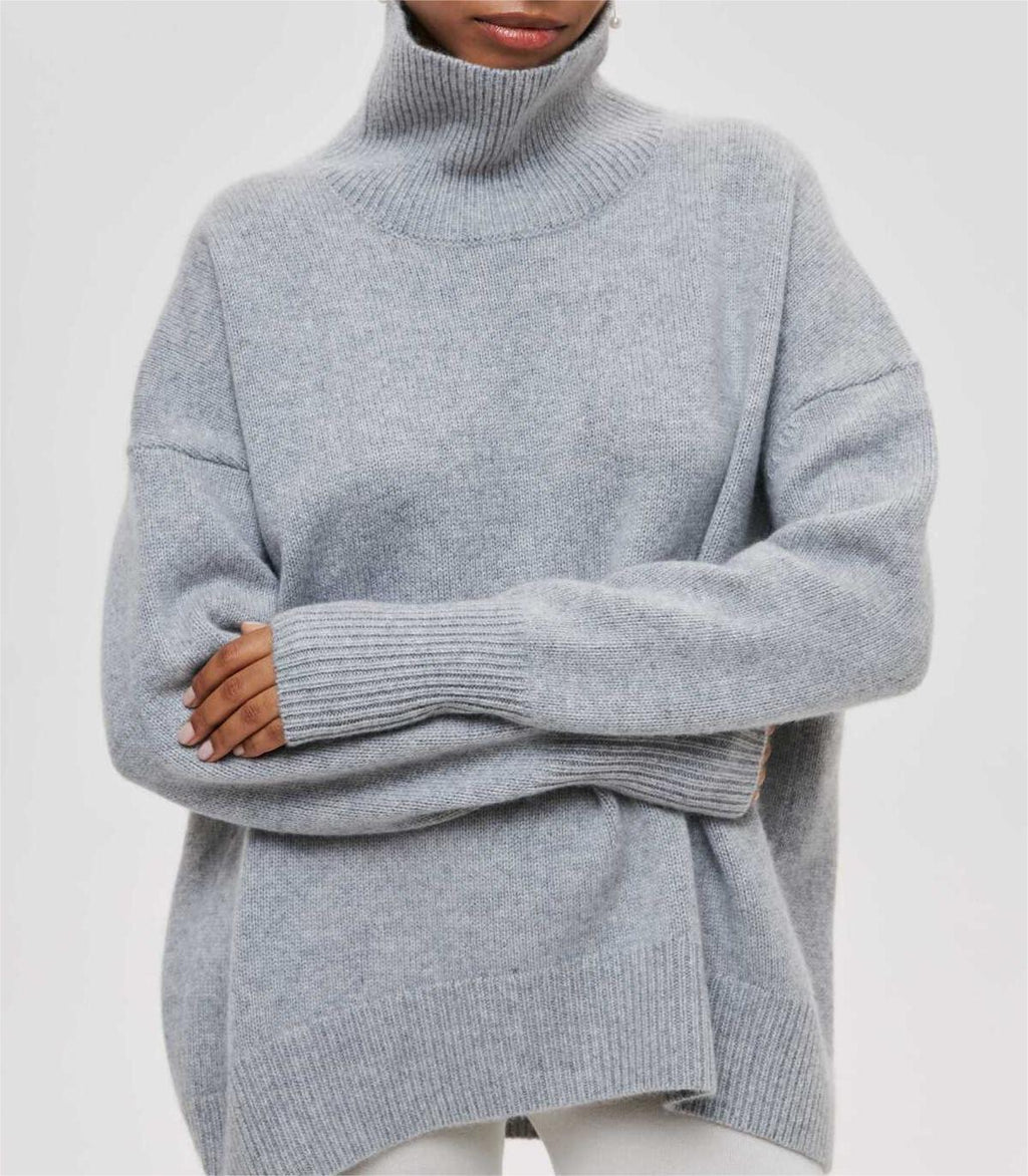 Oversized Turtleneck Drop Shoulder Slit Sweater - Grey