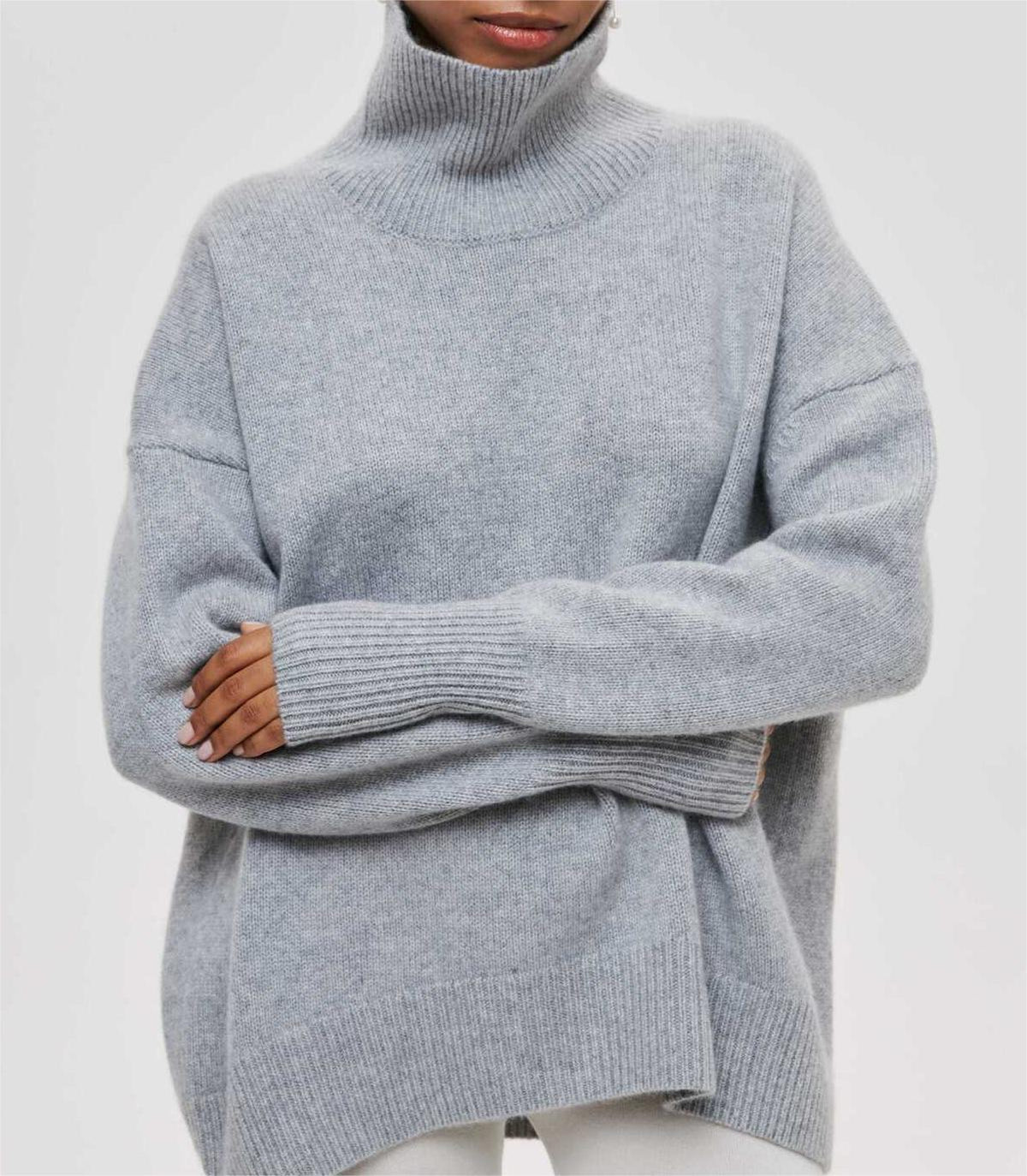Oversized Turtleneck Drop Shoulder Slit Sweater - Grey