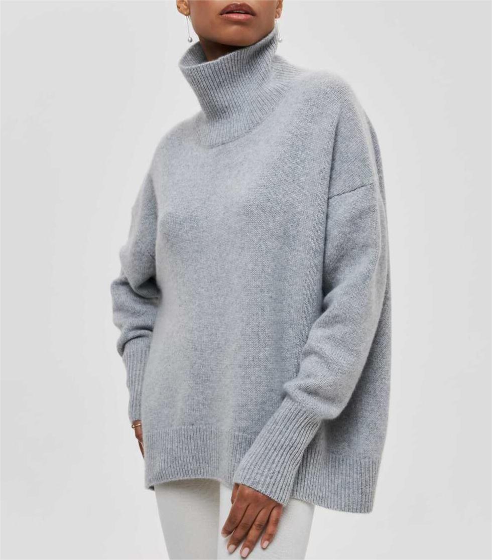 Oversized Turtleneck Drop Shoulder Slit Sweater - Grey - 1