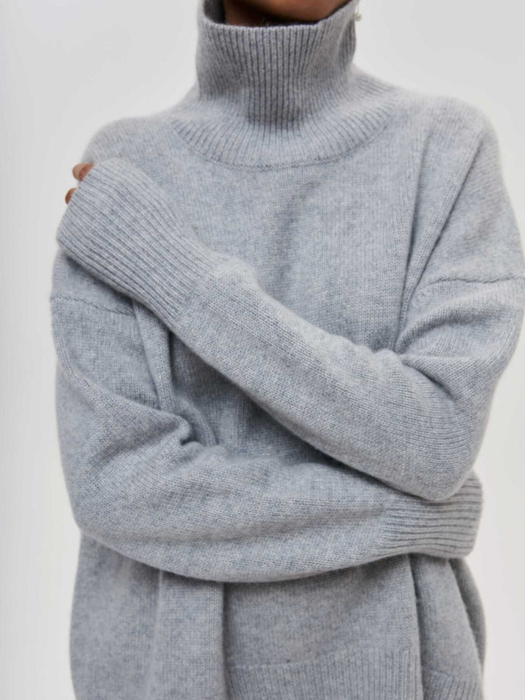 Oversized Turtleneck Drop Shoulder Slit Sweater - Grey - 2