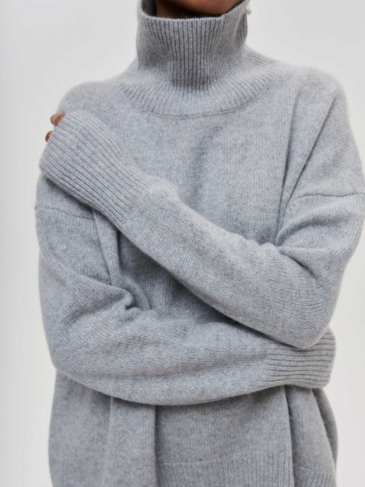 Oversized Turtleneck Drop Shoulder Slit Sweater - Grey - 2