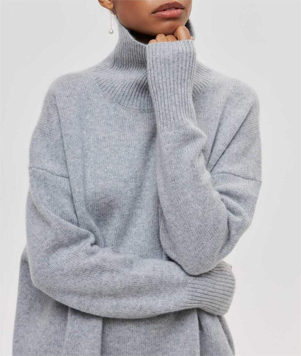 Oversized Turtleneck Drop Shoulder Slit Sweater - Grey - 3