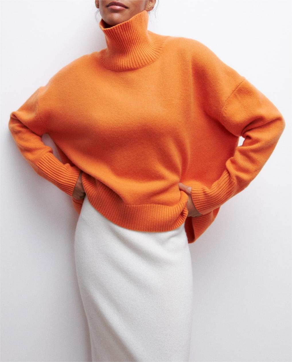Oversized Turtleneck Drop Shoulder Slit Sweater - Orange
