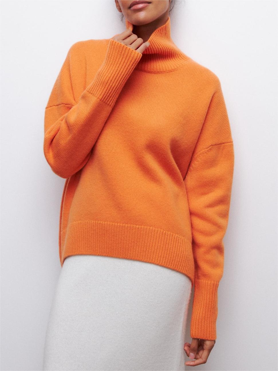 Oversized Turtleneck Drop Shoulder Slit Sweater - Orange - 1