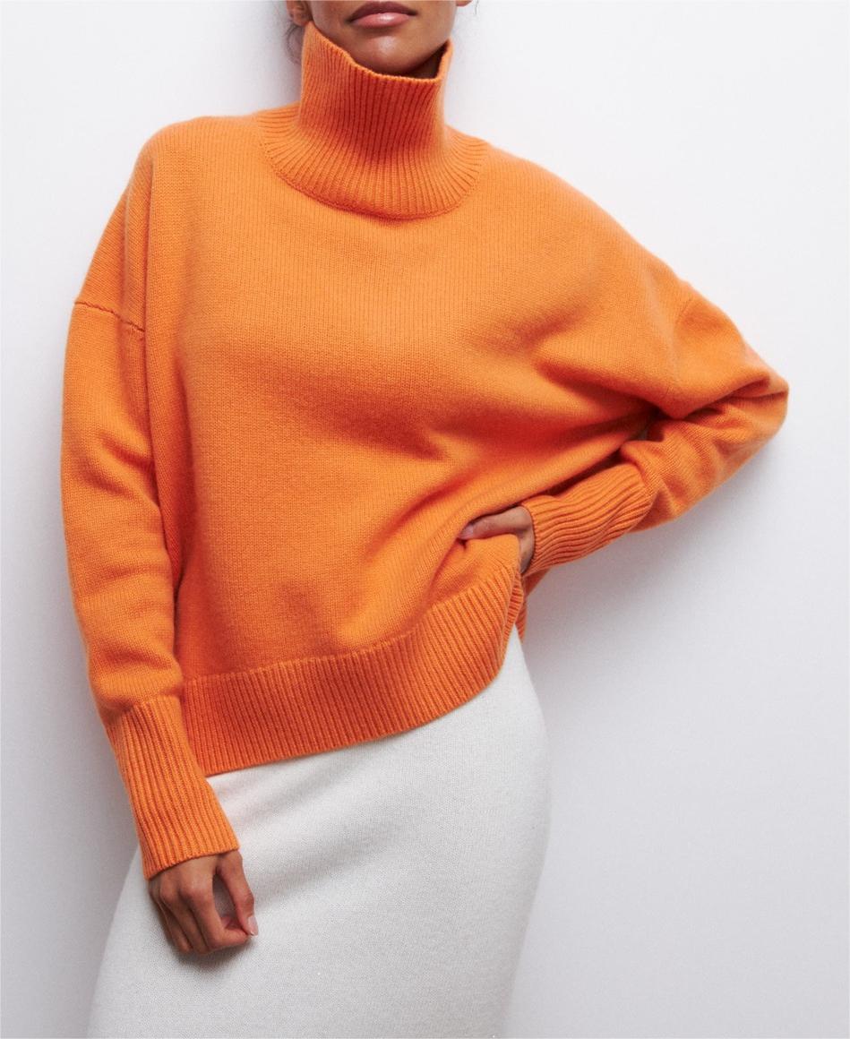 Oversized Turtleneck Drop Shoulder Slit Sweater - Orange - 2