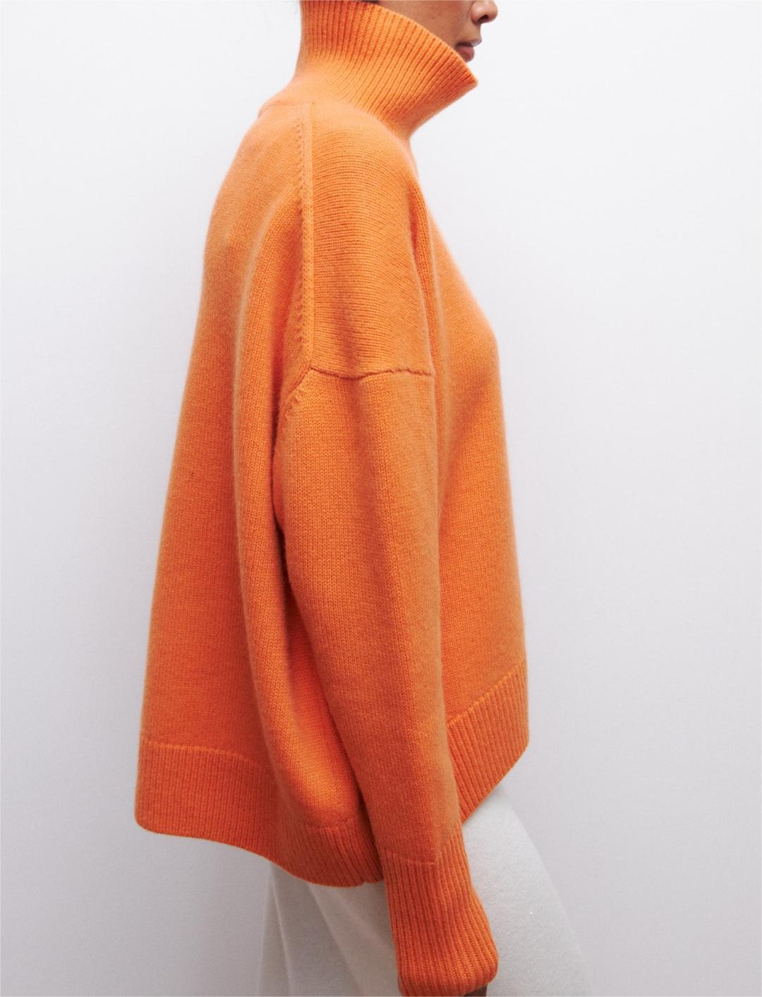 Oversized Turtleneck Drop Shoulder Slit Sweater - Orange - 3