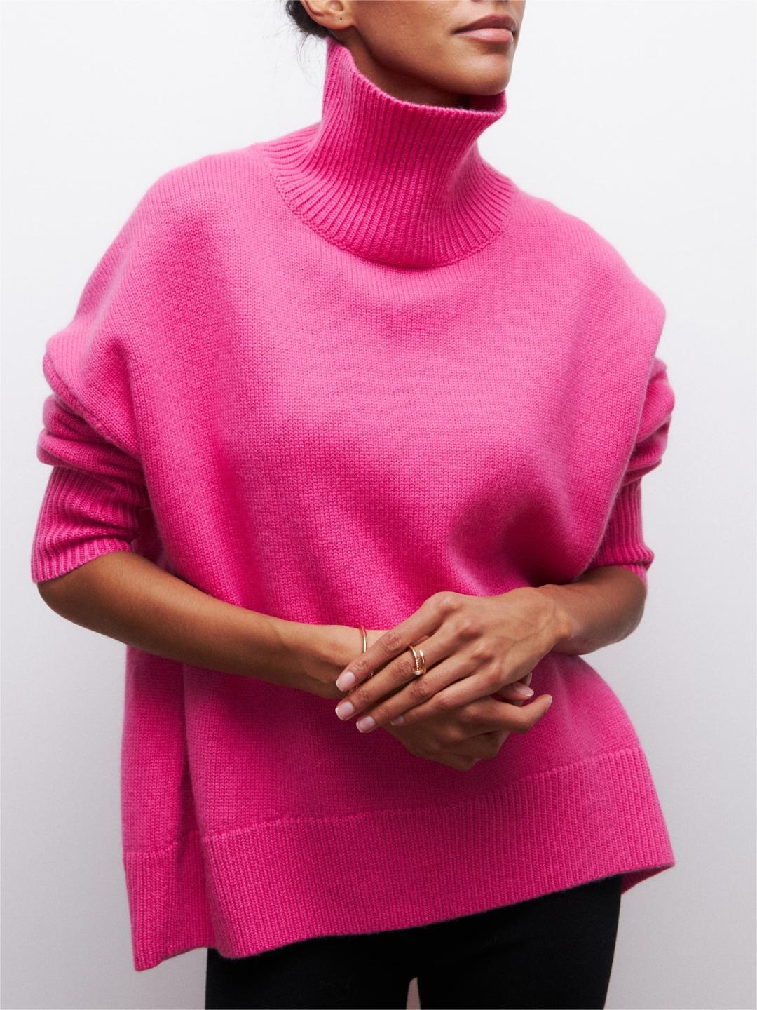 Oversized Turtleneck Drop Shoulder Slit Sweater - Rose_red