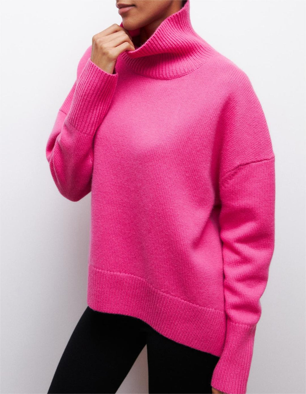 Oversized Turtleneck Drop Shoulder Slit Sweater - Rose_red - 1
