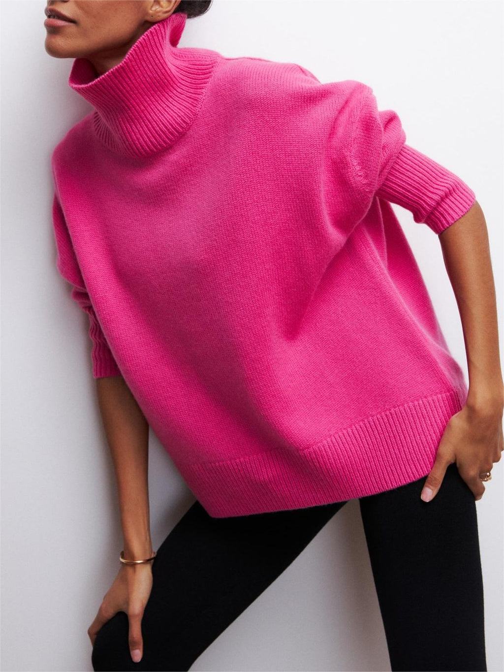 Oversized Turtleneck Drop Shoulder Slit Sweater - Rose_red - 2