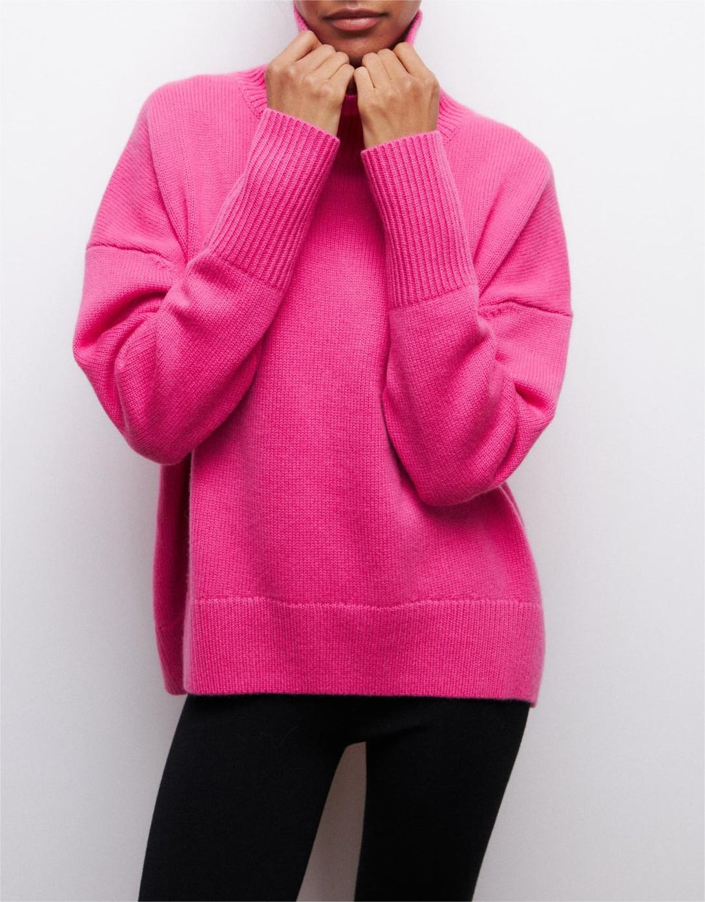Oversized Turtleneck Drop Shoulder Slit Sweater - Rose_red - 4