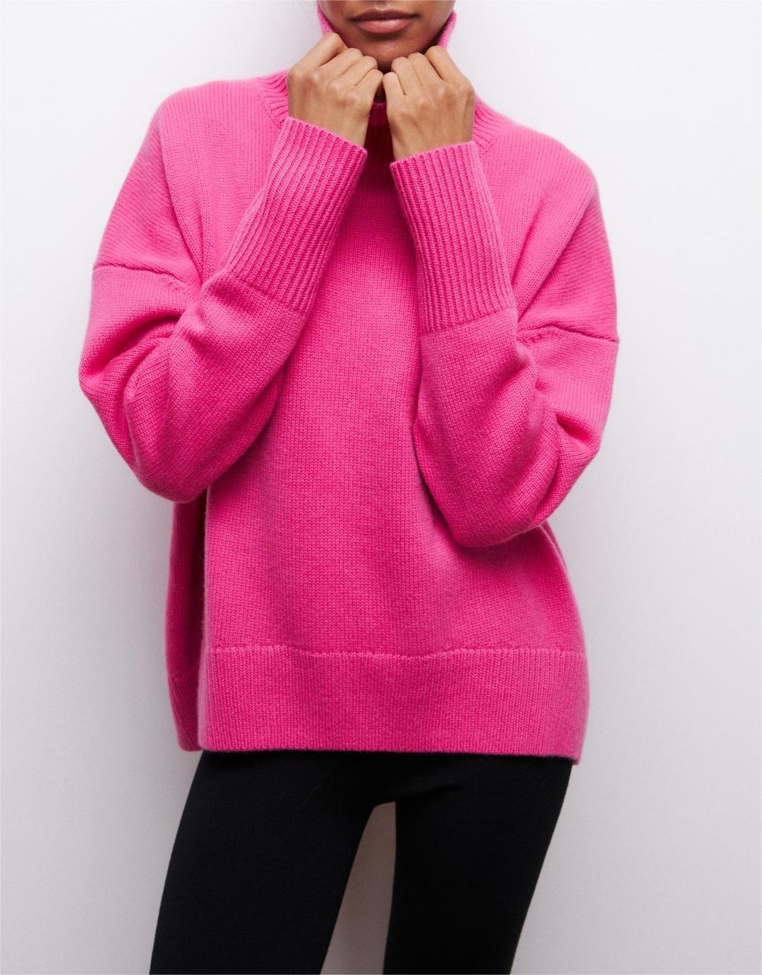 Oversized Turtleneck Drop Shoulder Slit Sweater - Rose_red - 4