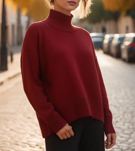Oversized Turtleneck Drop Shoulder Slit Sweater - Wine_Red