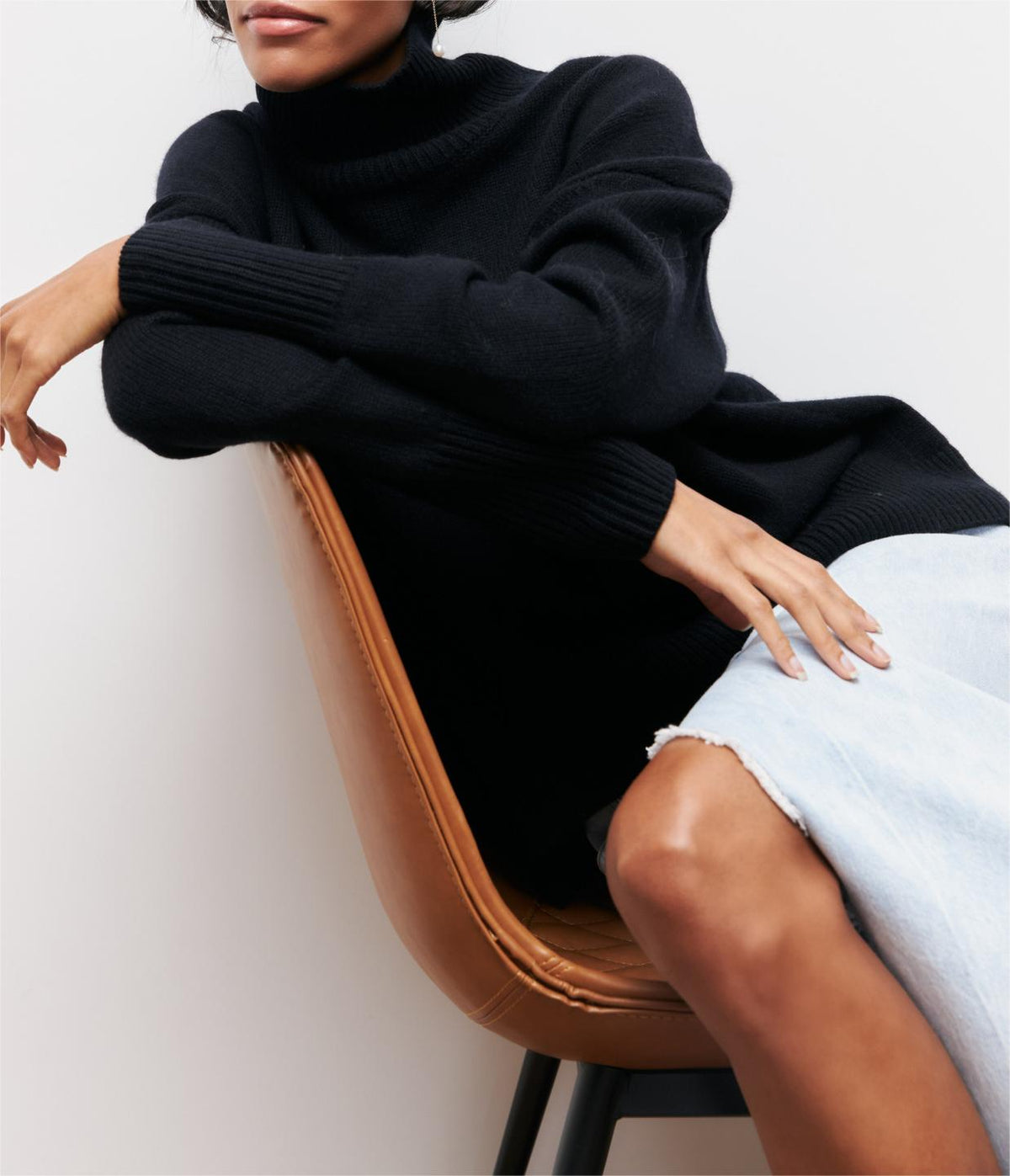 Oversized Turtleneck Drop Shoulder Slit Sweater - black - 1
