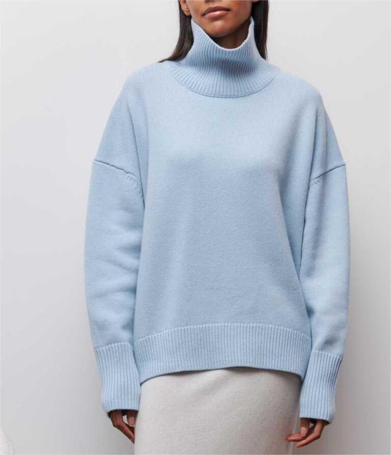 Oversized Turtleneck Drop Shoulder Slit Sweater - blue