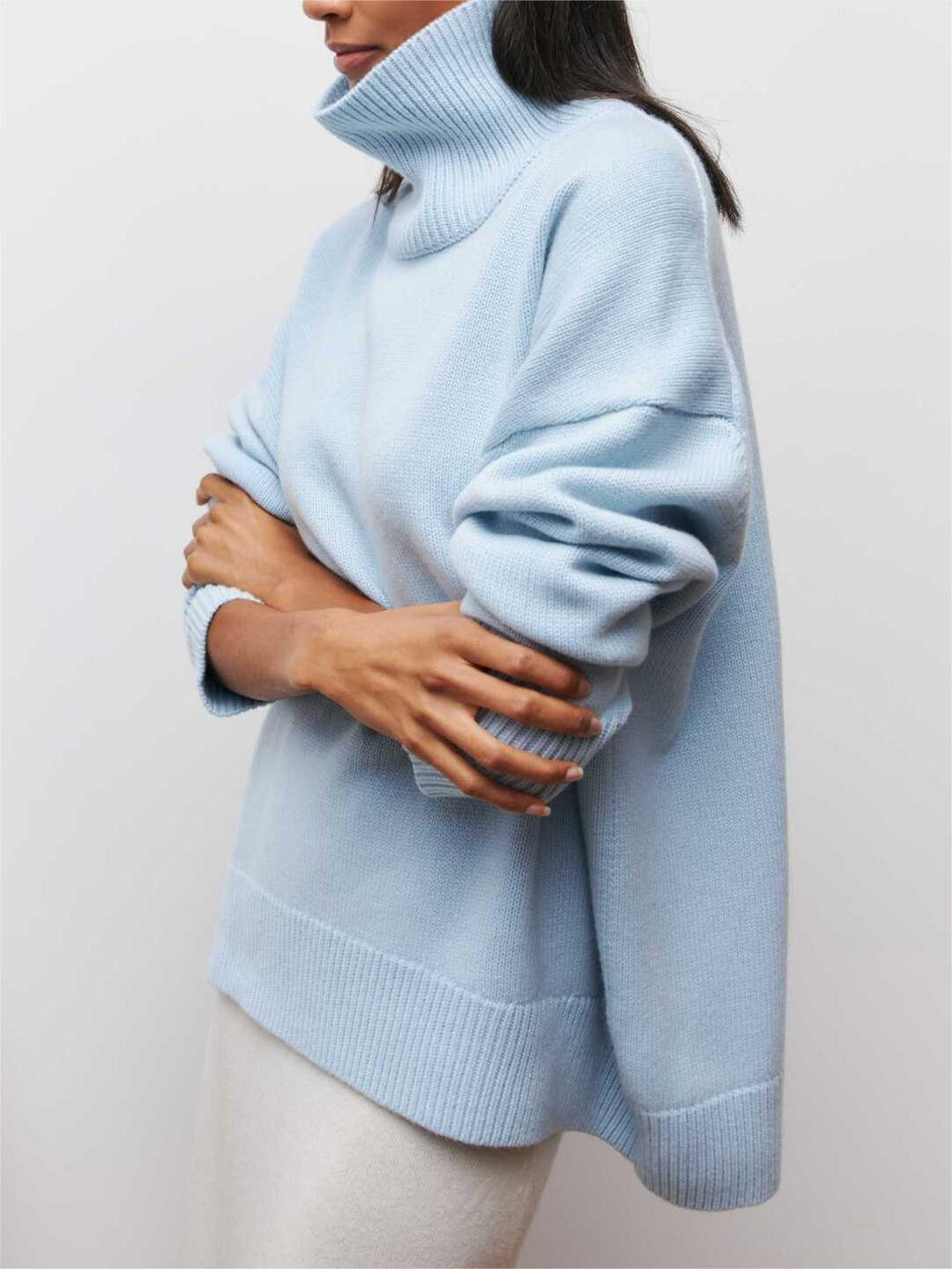 Oversized Turtleneck Drop Shoulder Slit Sweater - blue - 1