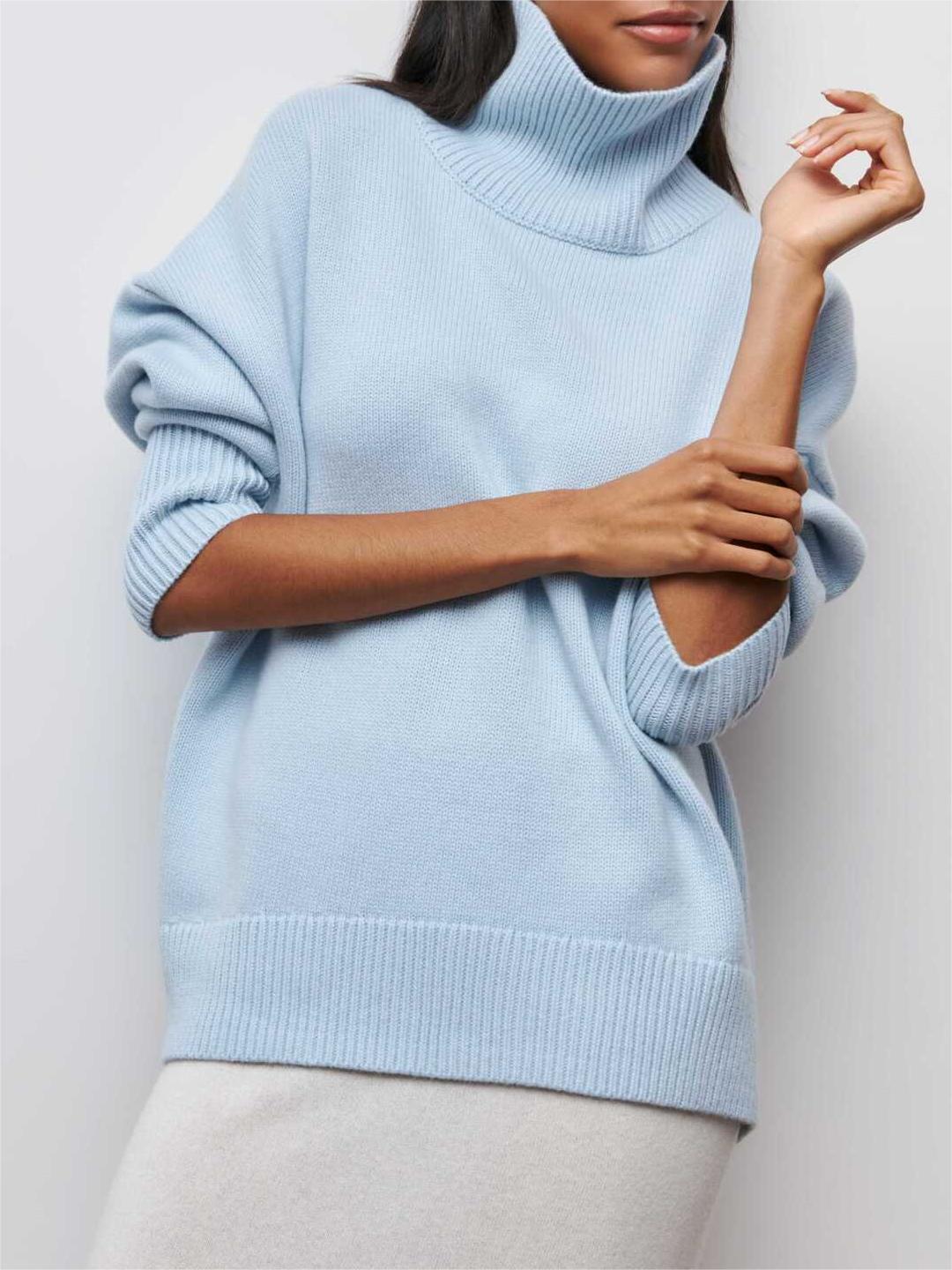 Oversized Turtleneck Drop Shoulder Slit Sweater - blue - 2
