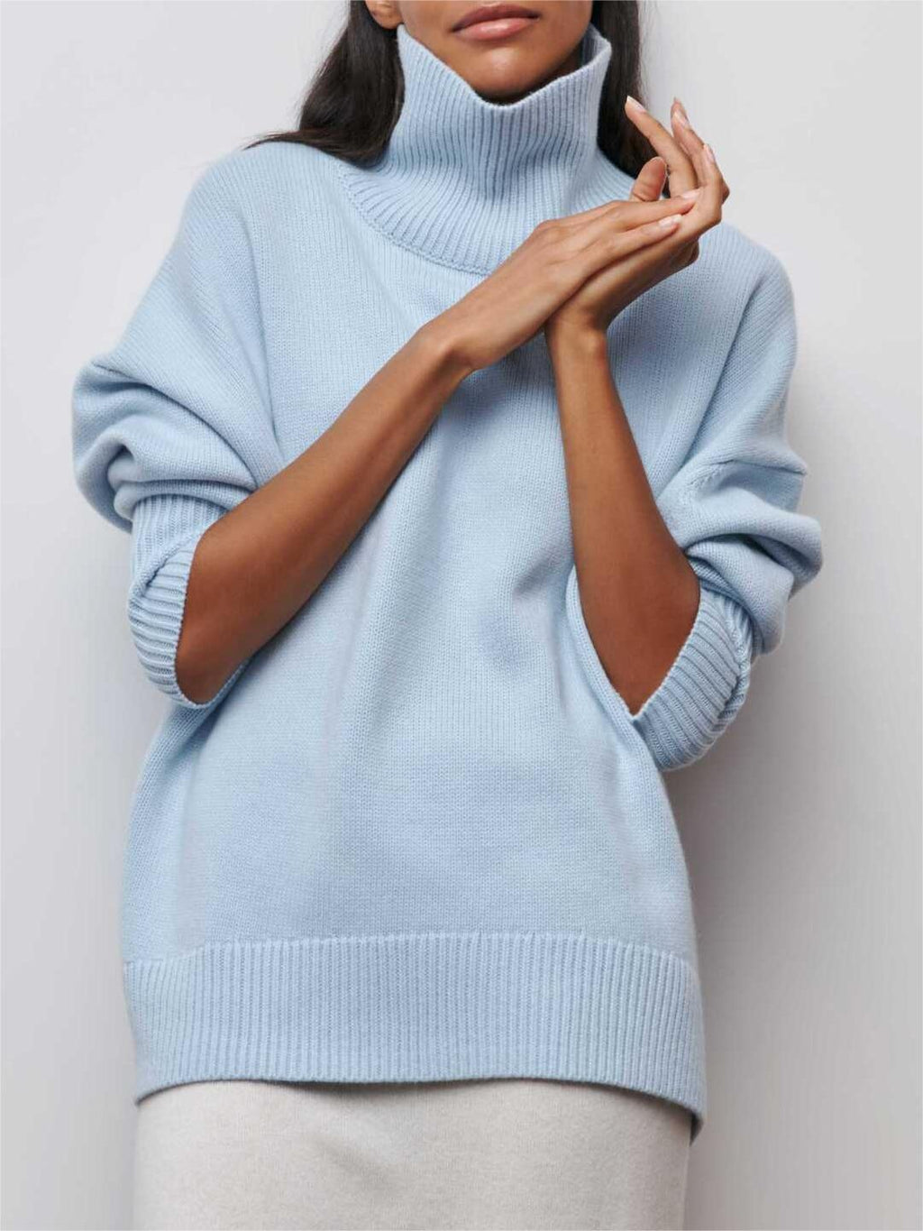 Oversized Turtleneck Drop Shoulder Slit Sweater - blue - 3
