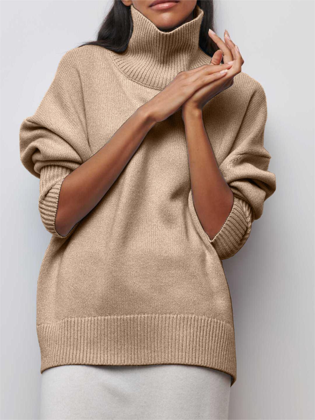 Oversized Turtleneck Drop Shoulder Slit Sweater - khaki