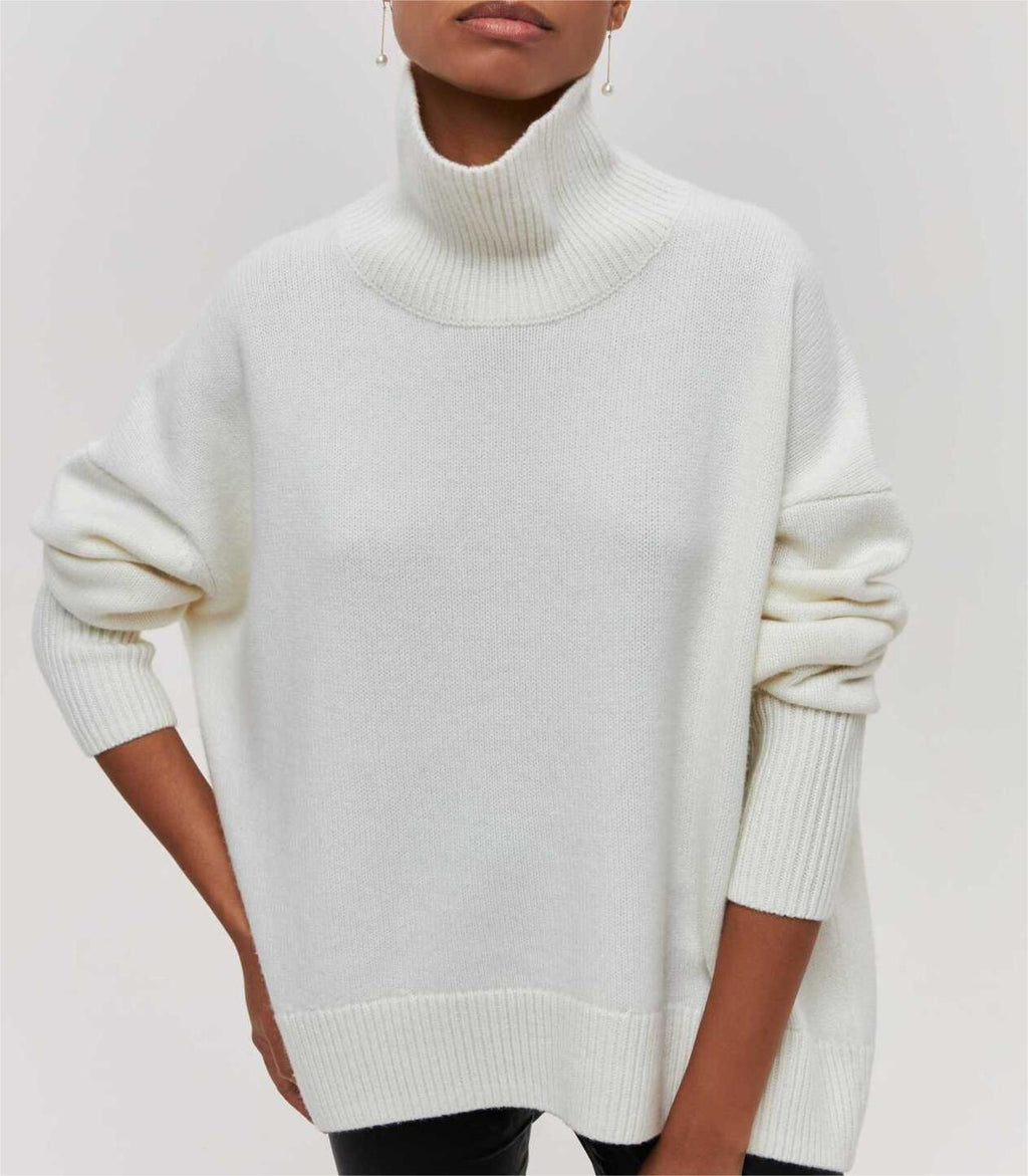 Oversized Turtleneck Drop Shoulder Slit Sweater - white