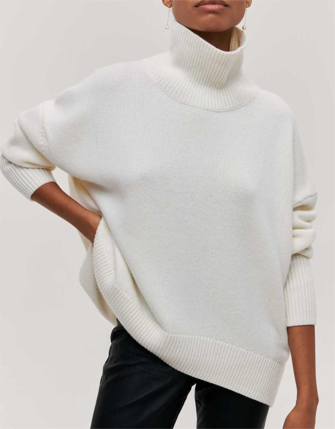 Oversized Turtleneck Drop Shoulder Slit Sweater - white - 1
