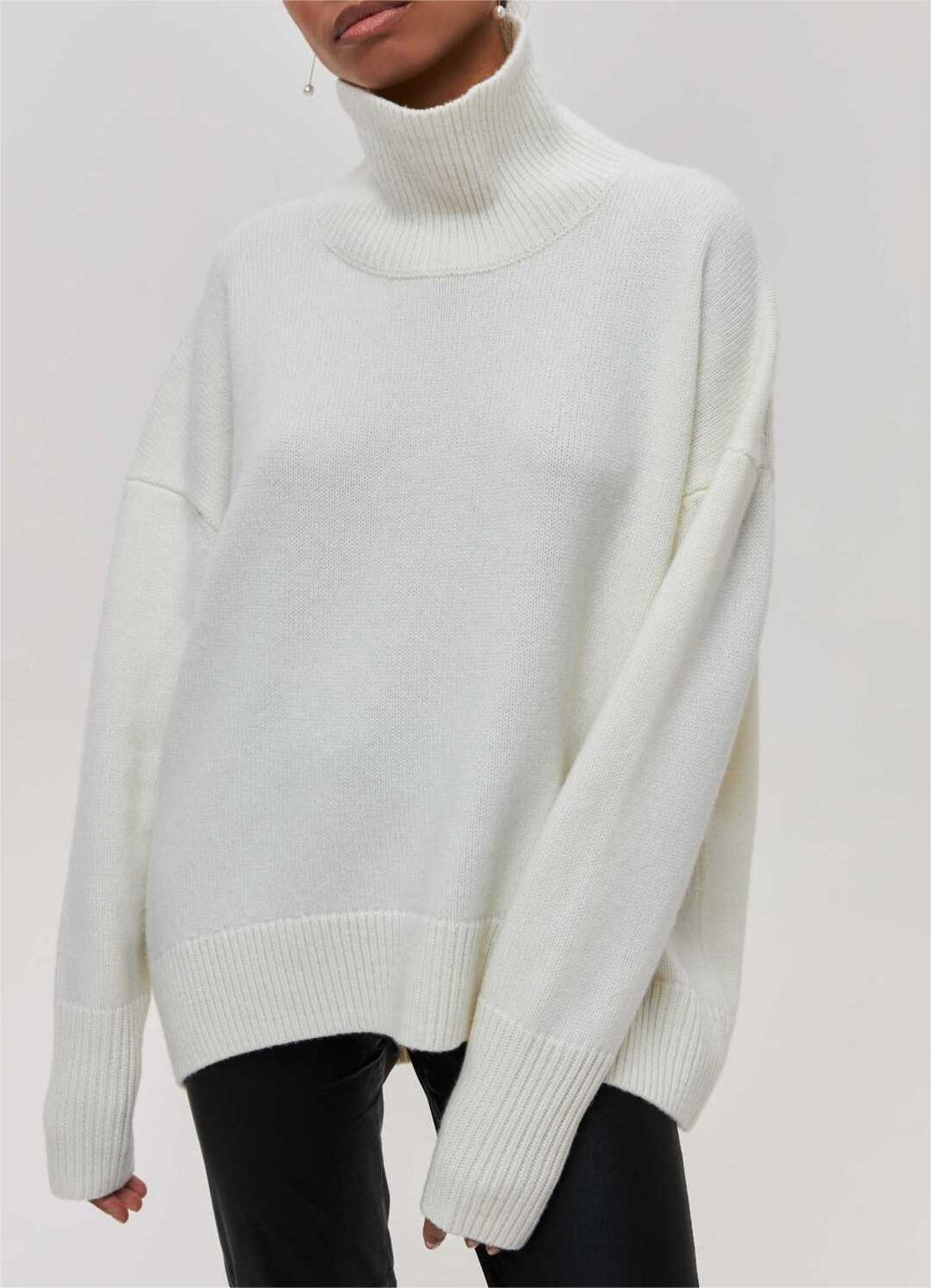 Oversized Turtleneck Drop Shoulder Slit Sweater - white - 2
