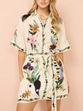 Botanical Print Belted Shirt Dress - OffWhite
