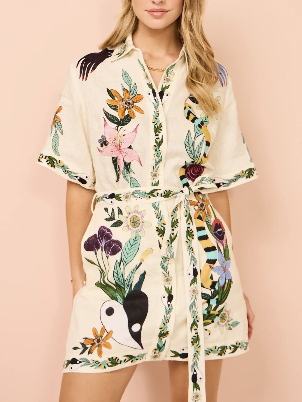 Botanical Print Belted Shirt Dress - OffWhite