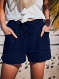 Crinkle Cotton Drawstring Beach Shorts - DarkBlue