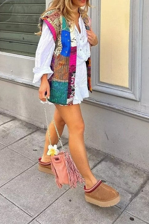 Boho Patchwork Quilted Reversible Vest - Floral - 11