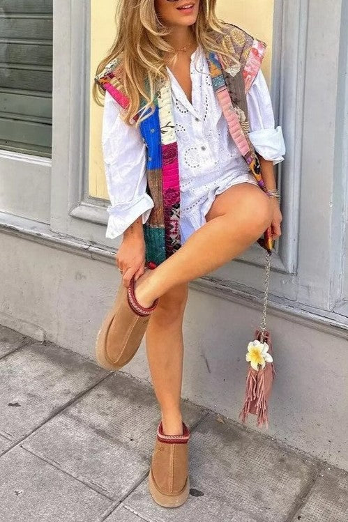Boho Patchwork Quilted Reversible Vest - Floral - 12