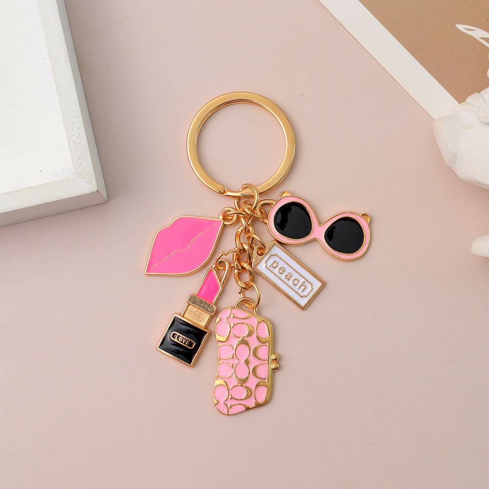 Lipstick Sunglasses Lips Charm Keychain Set - pink