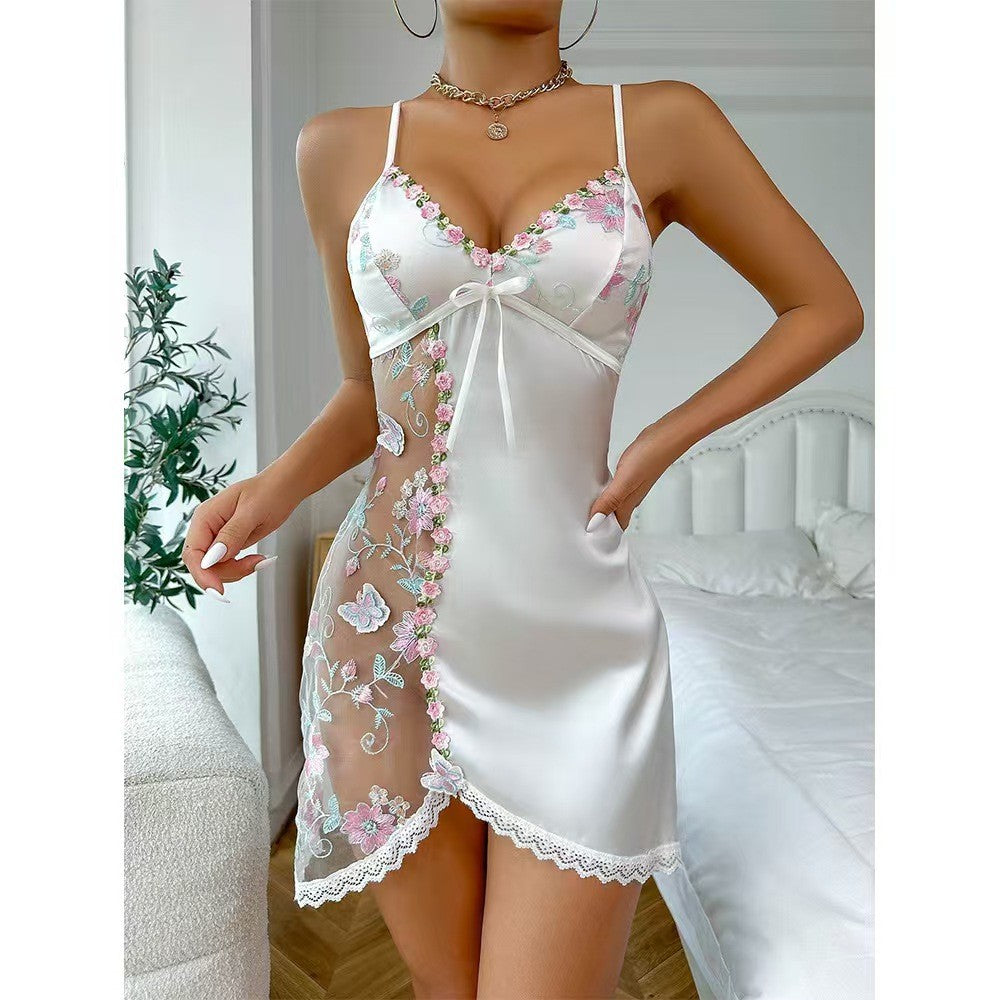 Embroidered Mesh Satin Mini Chemise And Panty Set