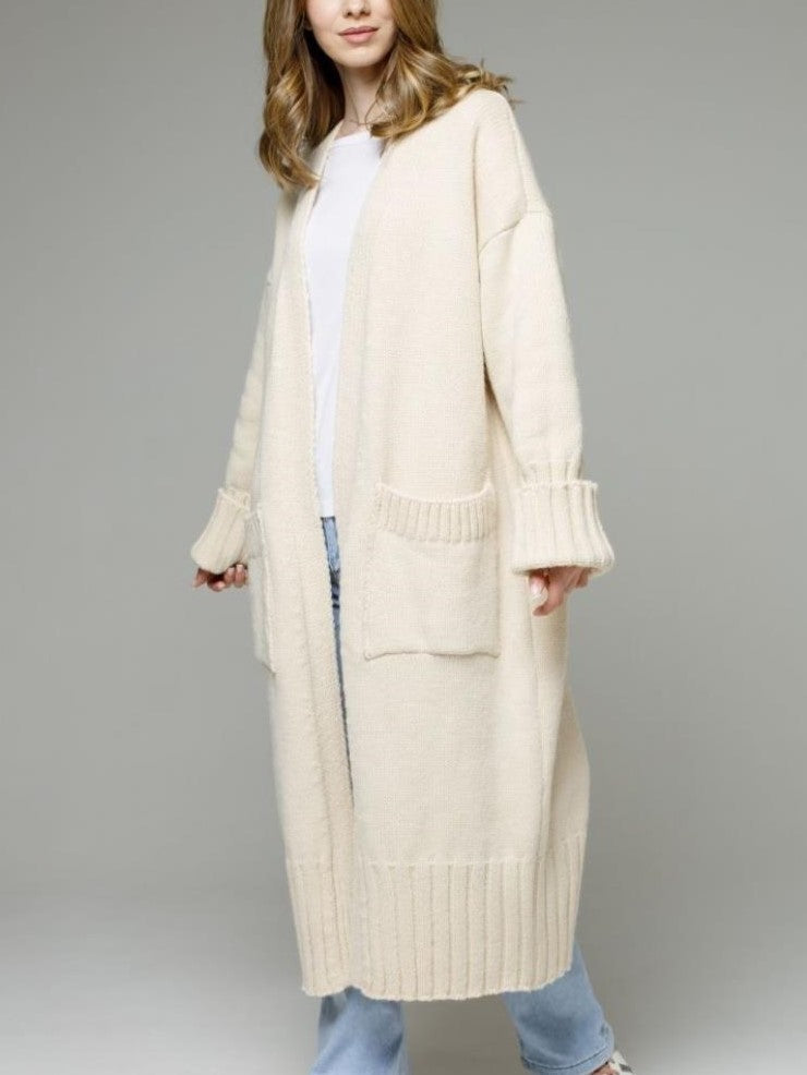 Duster Length Open Front Knit Cardigan - Beige