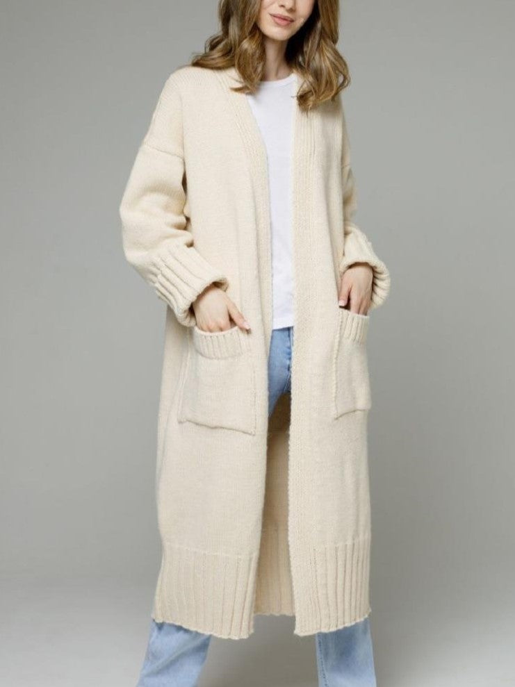 Duster Length Open Front Knit Cardigan - Beige - 1