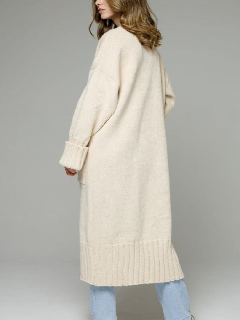 Duster Length Open Front Knit Cardigan - Beige - 2