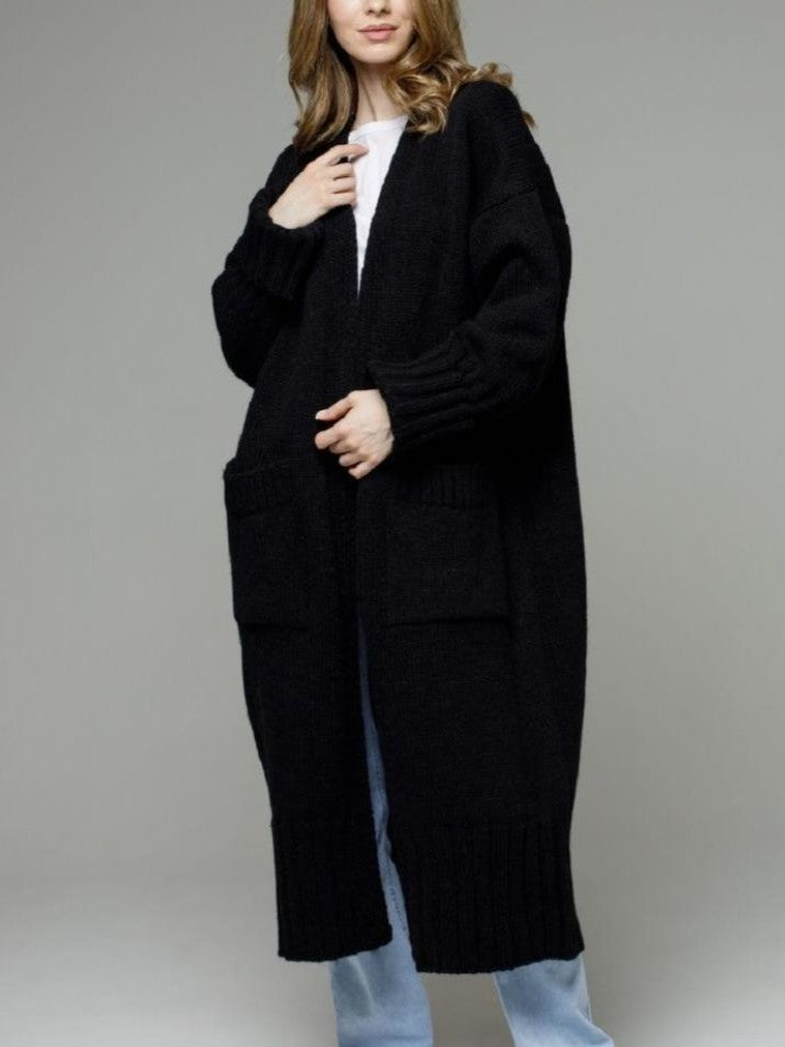 Duster Length Open Front Knit Cardigan - Black