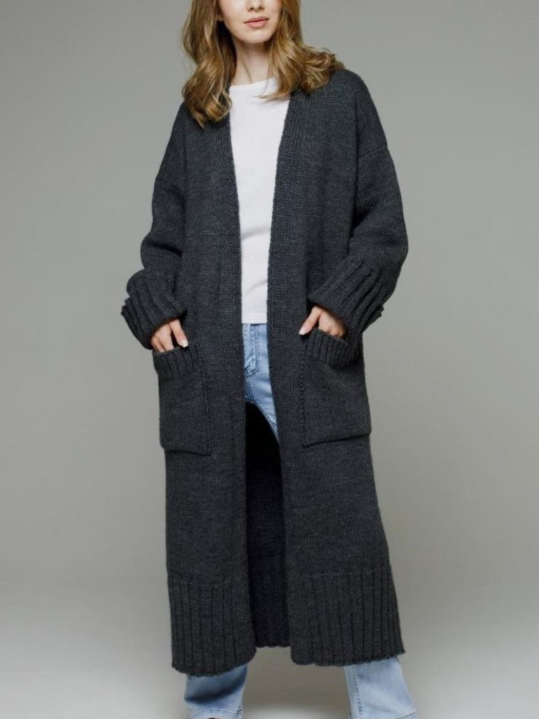 Duster Length Open Front Knit Cardigan - DarkGray