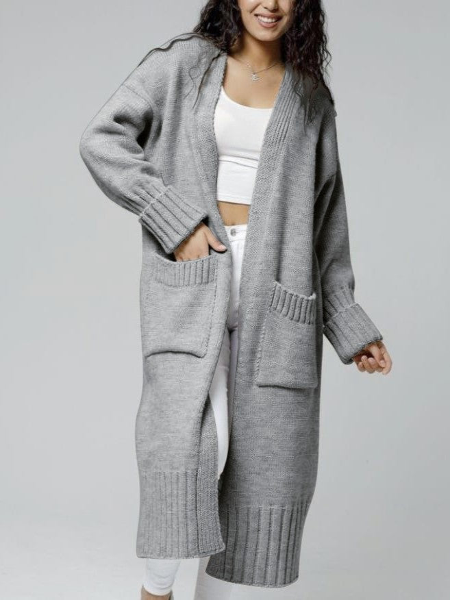 Duster Length Open Front Knit Cardigan - Gray