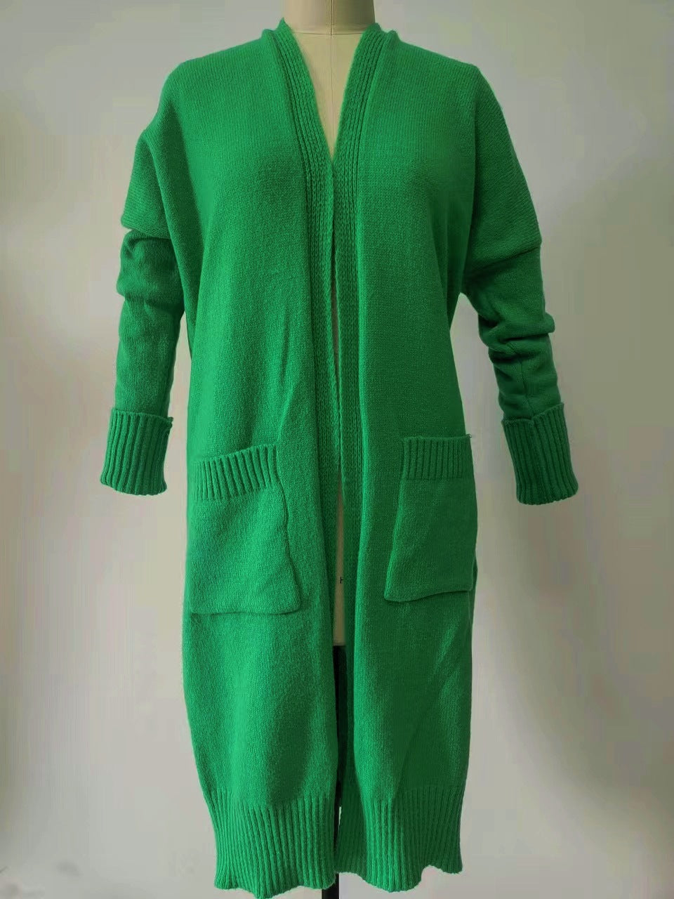 Duster Length Open Front Knit Cardigan - Green