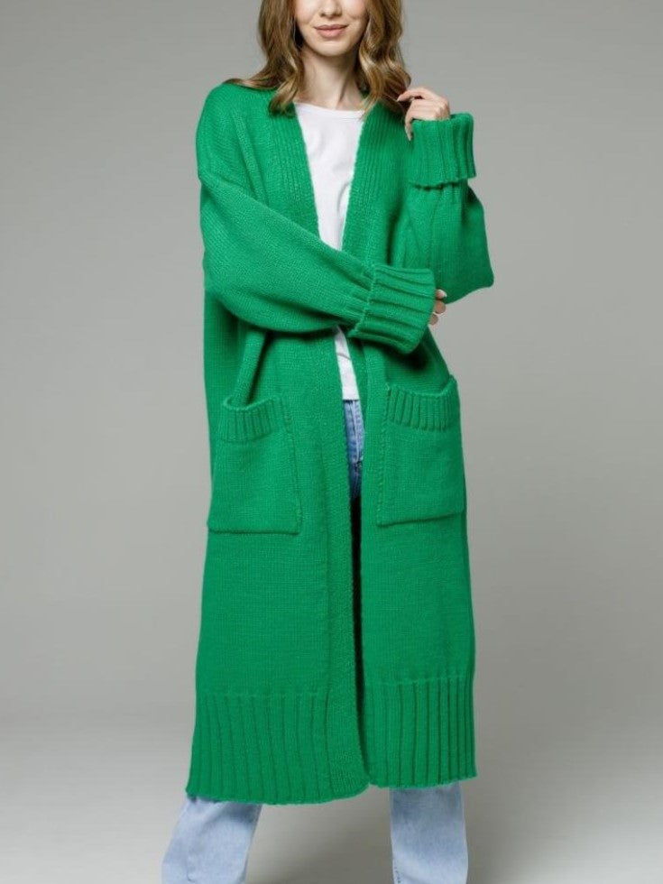 Duster Length Open Front Knit Cardigan - Green - 1