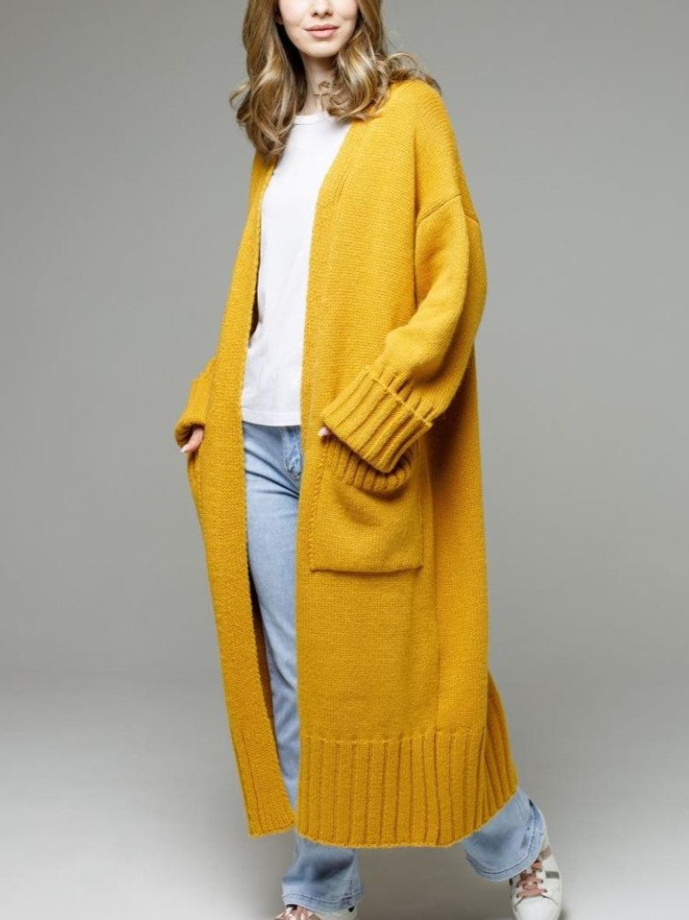 Duster Length Open Front Knit Cardigan - Yellow