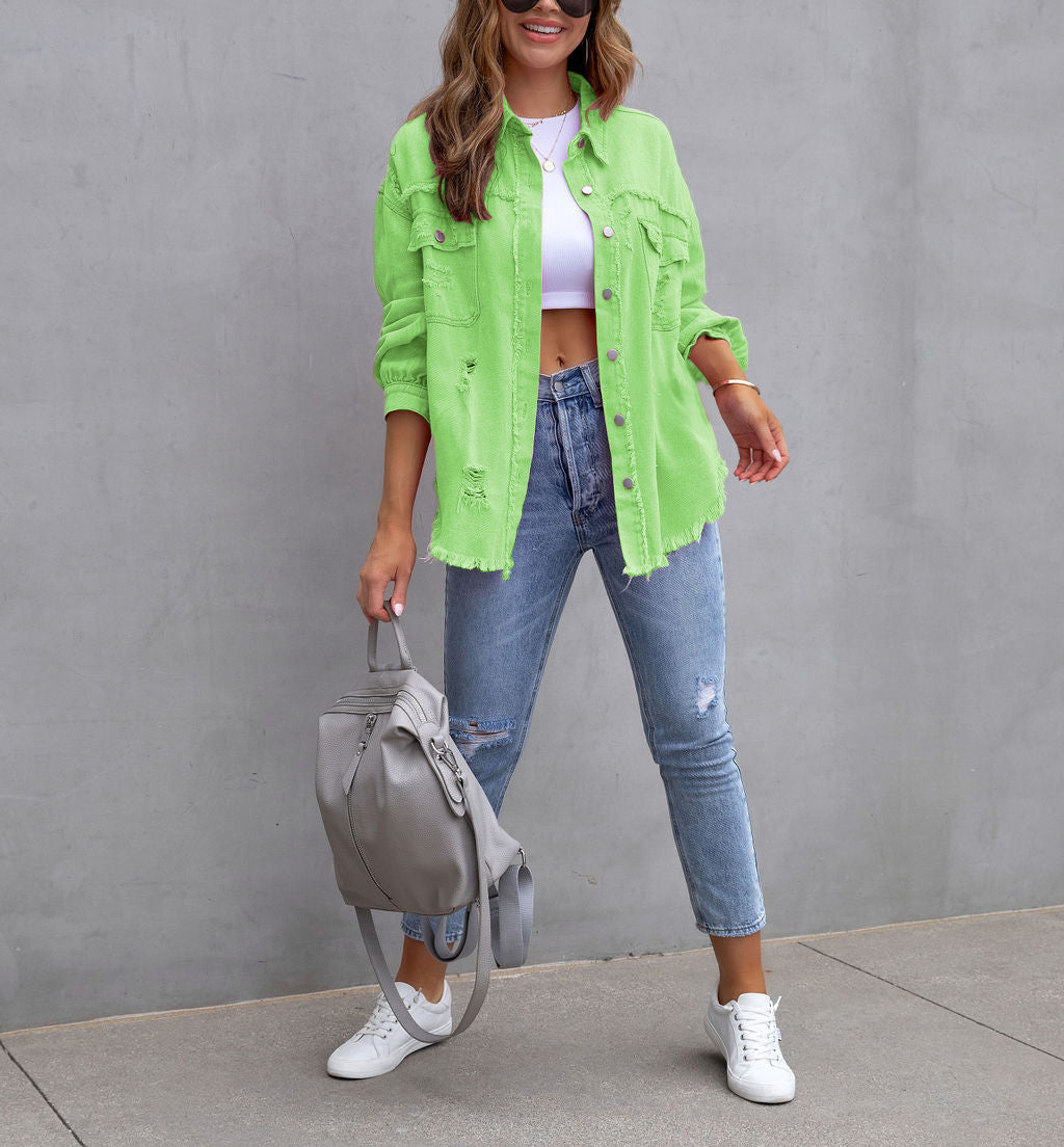 Oversized Frayed Hem Distressed Denim Jacket - Apple Green
