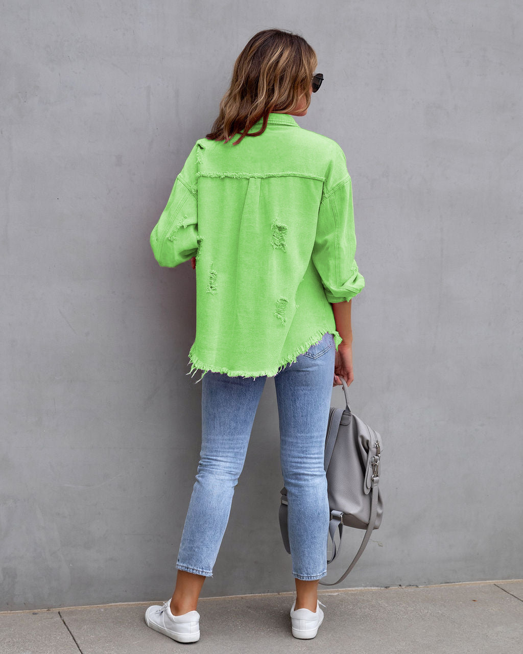Oversized Frayed Hem Distressed Denim Jacket - Apple Green - 1
