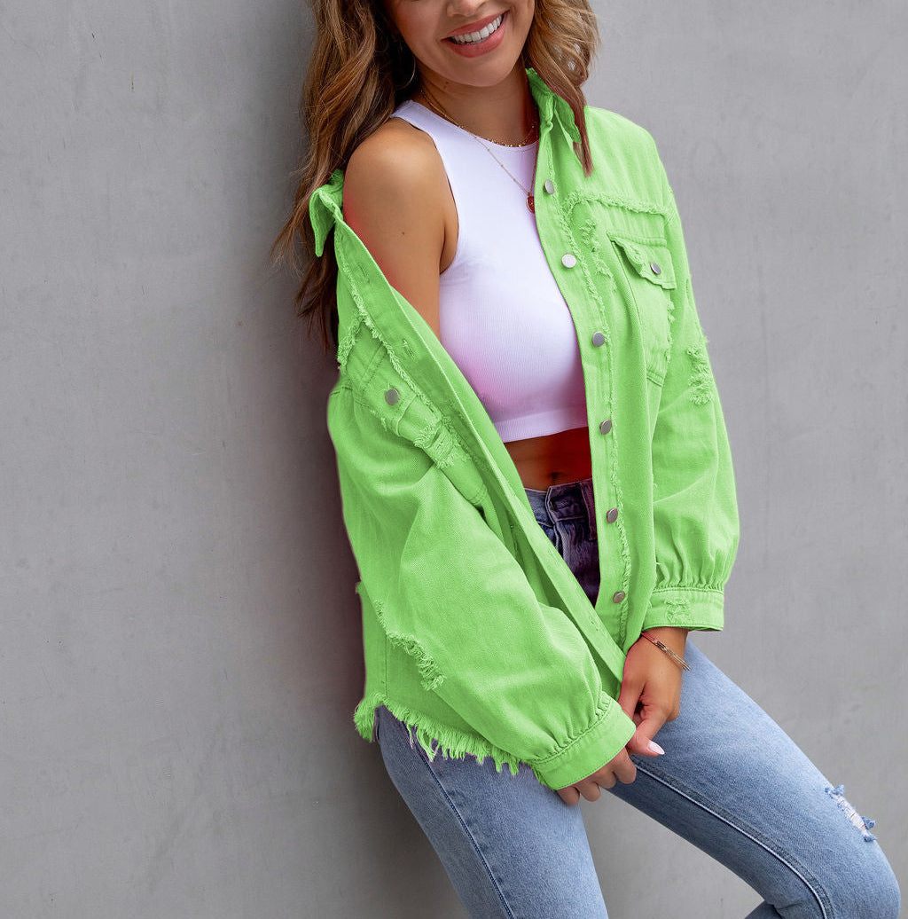 Oversized Frayed Hem Distressed Denim Jacket - Apple Green - 2