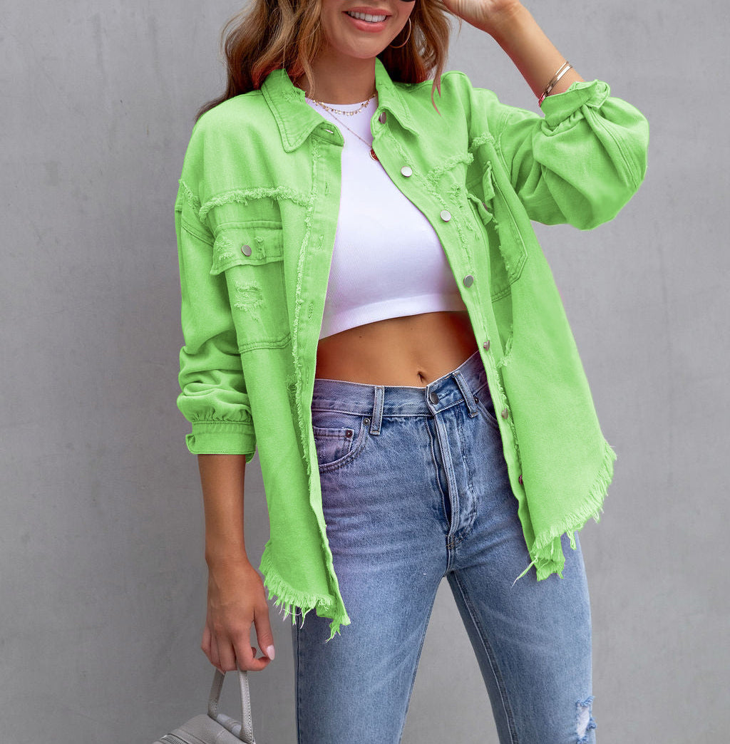 Oversized Frayed Hem Distressed Denim Jacket - Apple Green - 3