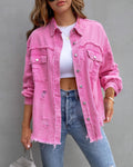 Oversized Frayed Hem Distressed Denim Jacket - Pink